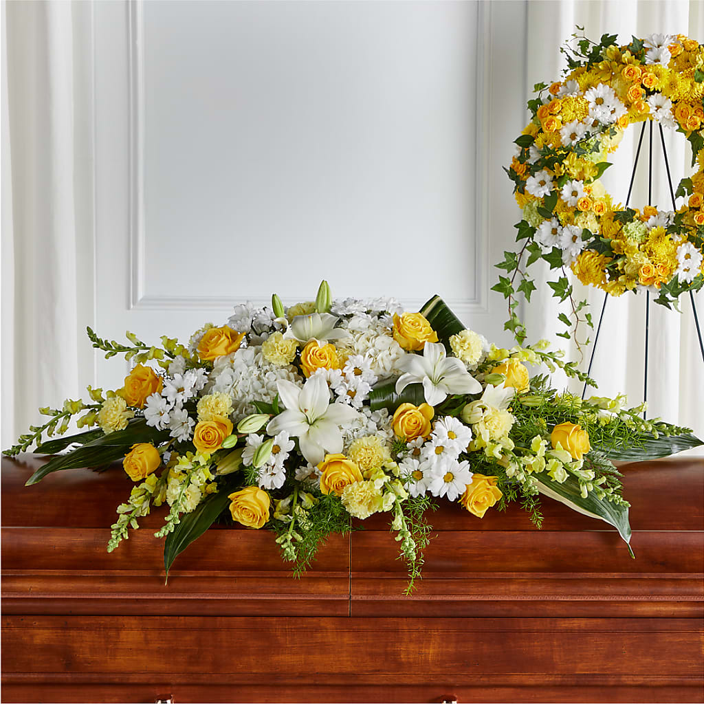 Golden Harmony Casket Spray – Discountflowershop.com, Tontitown AR