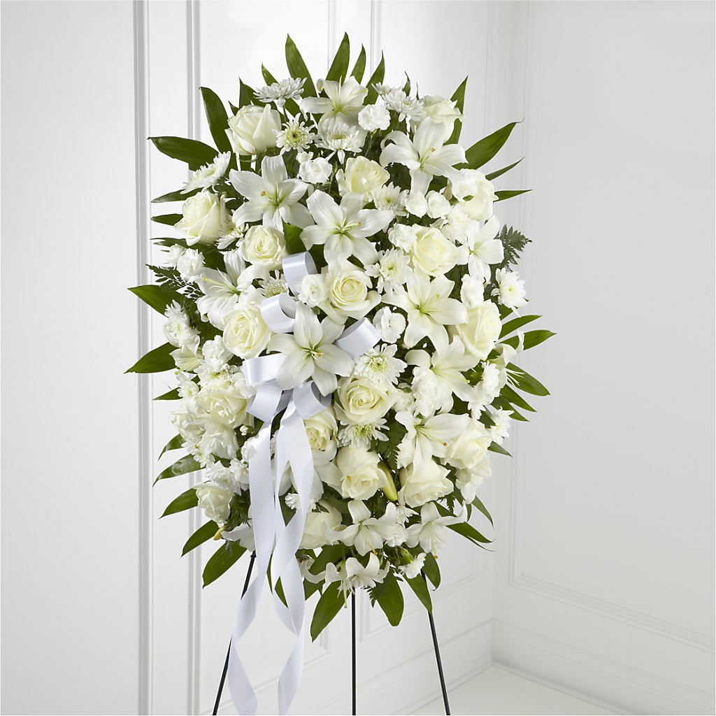 Exquisite Tribute Standing Spray-White Ribbon – Discountflowershop.com, Tontitown AR
